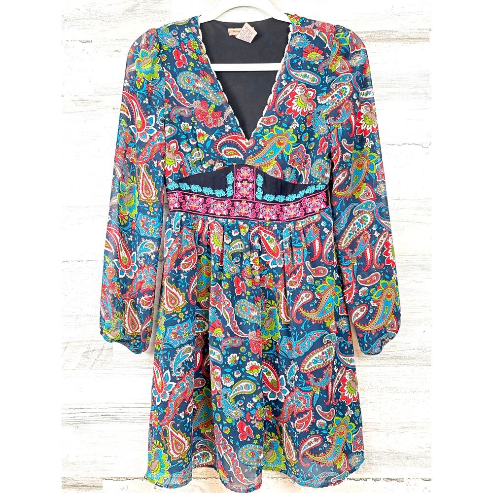 Flying Tomato Womens S Vibrant Blue Paisley Embroidered Boho Mini Dress